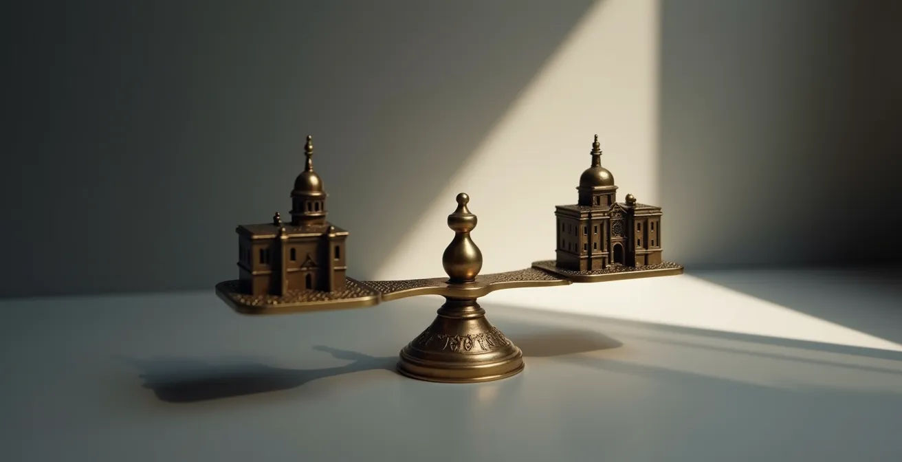 Balance symbolique en équilibre avec éléments architecturaux