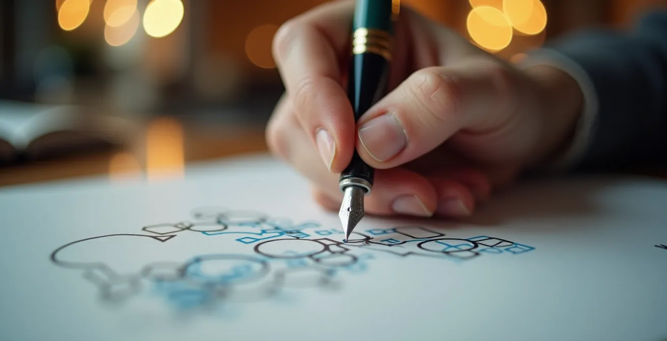 Gros plan sur une main tenant un stylo au-dessus de documents, ambiance professionnelle