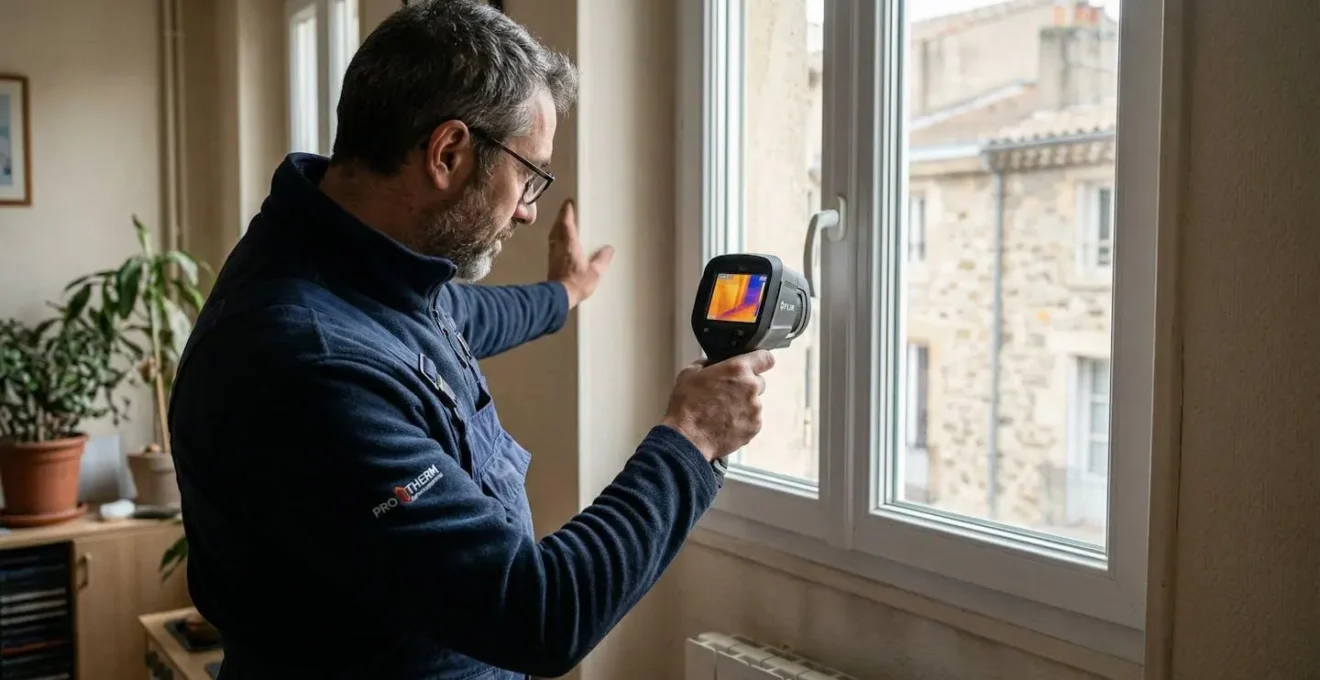 Diagnostiqueur immobilier inspectant une fenêtre double vitrage dans un appartement
