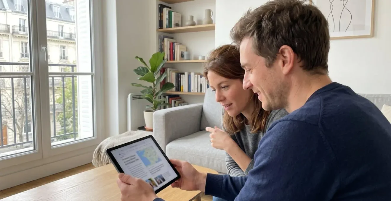 Un couple trentenaire vu de dos consulte ensemble une tablette numérique dans un salon contemporain français baigné de lumière naturelle