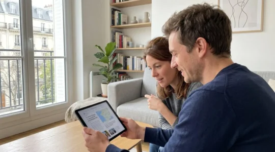 Un couple trentenaire vu de dos consulte ensemble une tablette numérique dans un salon contemporain français baigné de lumière naturelle