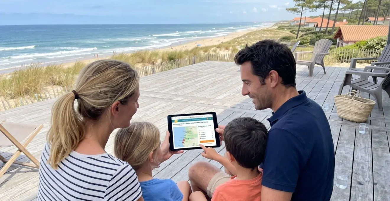 Une famille de quatre personnes vue de dos consulte ensemble une tablette sur une terrasse en bois avec l'océan Atlantique en arrière-plan