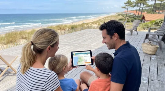 Une famille de quatre personnes vue de dos consulte ensemble une tablette sur une terrasse en bois avec l'océan Atlantique en arrière-plan
