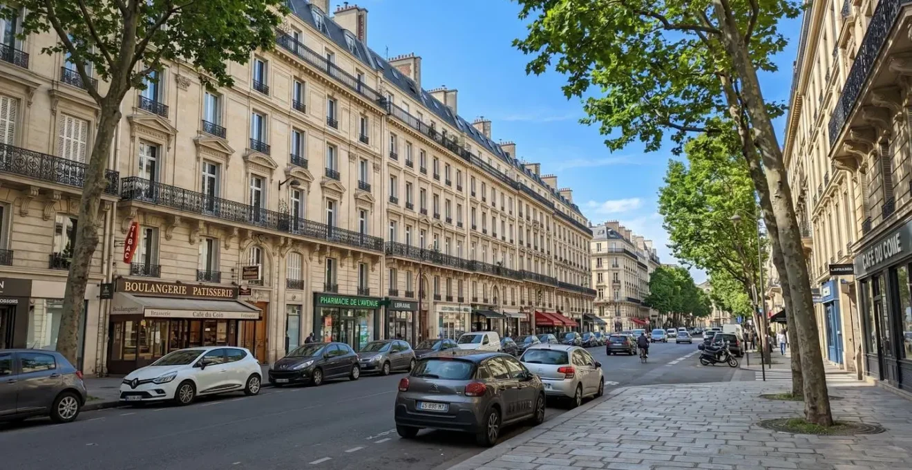 Vue en angle large d'une rue résidentielle typique française bordée d'immeubles haussmanniens, photographiée en plein jour sous un ciel dégagé