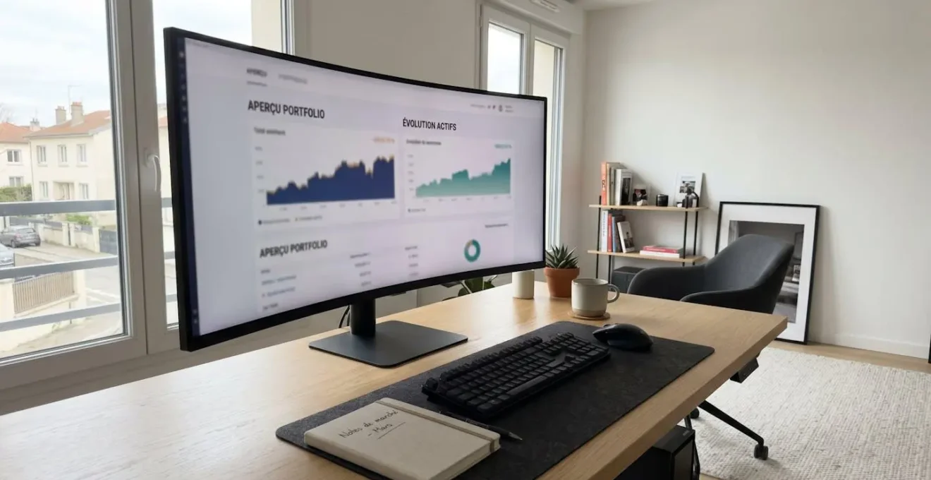 Bureau contemporain épuré avec écran d'ordinateur affichant une interface de simulation financière floue, clavier et carnet sur un plan de travail lumineux