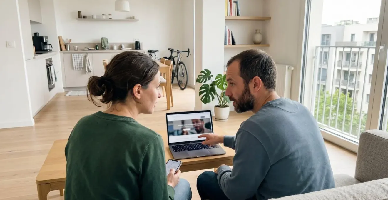 Un couple trentenaire assis côte à côte consulte un écran d'ordinateur portable dans un salon lumineux contemporain