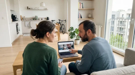 Un couple trentenaire assis côte à côte consulte un écran d'ordinateur portable dans un salon lumineux contemporain