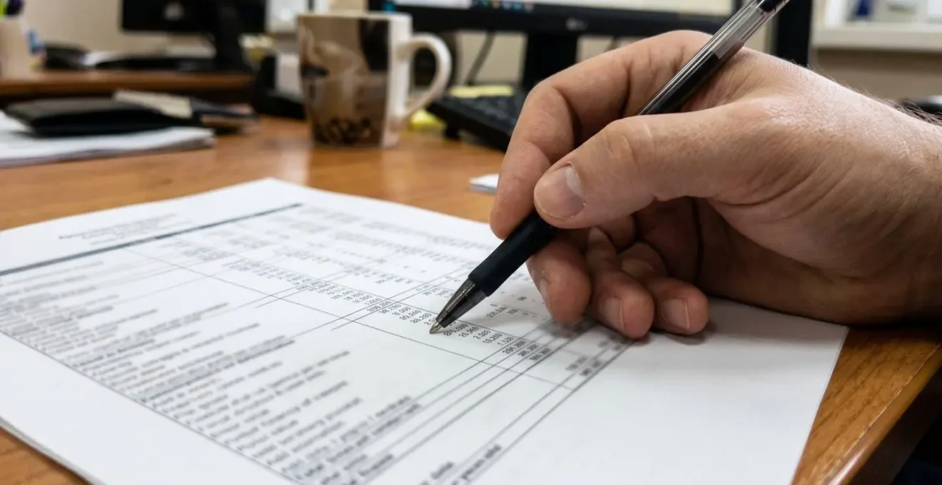 Gros plan d'une main tenant un stylo qui pointe une ligne de tableau d'amortissement sur un document papier, avec un arrière-plan flouté