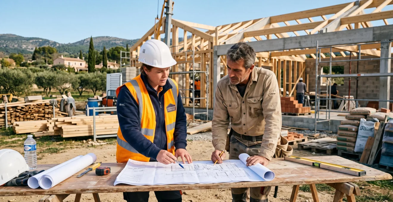 Conducteur de travaux et artisan consultant des plans de construction sur un chantier de maison individuelle en Provence, structure en cours de montage visible en arrière-plan
