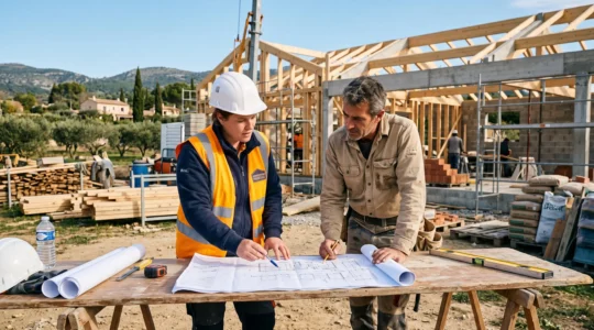 Conducteur de travaux et artisan consultant des plans de construction sur un chantier de maison individuelle en Provence, structure en cours de montage visible en arrière-plan