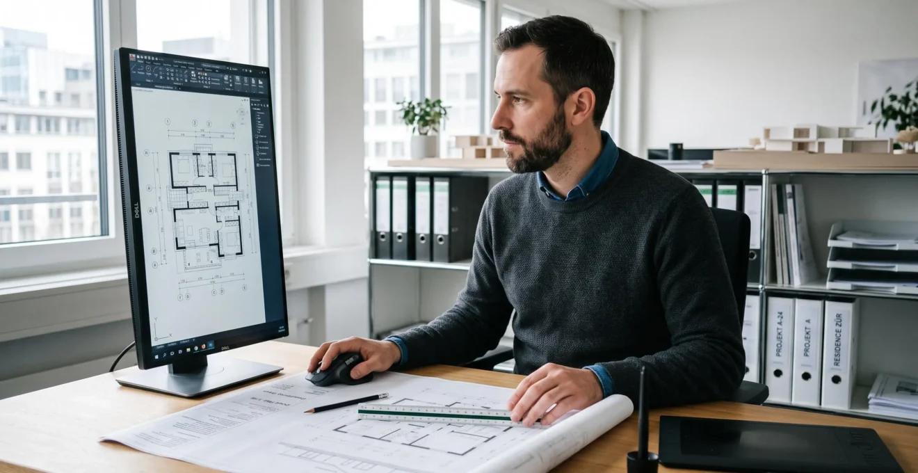 Dessinateur en bureau d'études travaillant sur des plans de maison individuelle à l'écran et sur papier