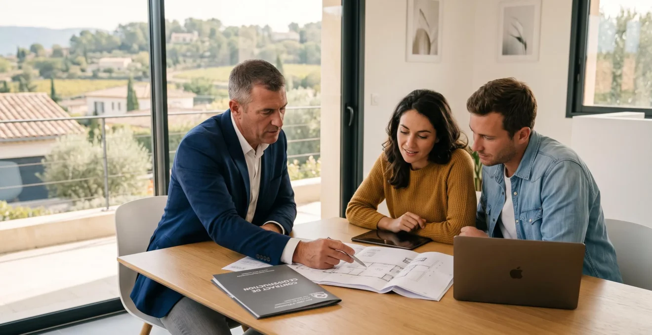 Responsable d'un constructeur et couple de clients consultant ensemble les documents de contrat de construction CCMI sur une table de réunion
