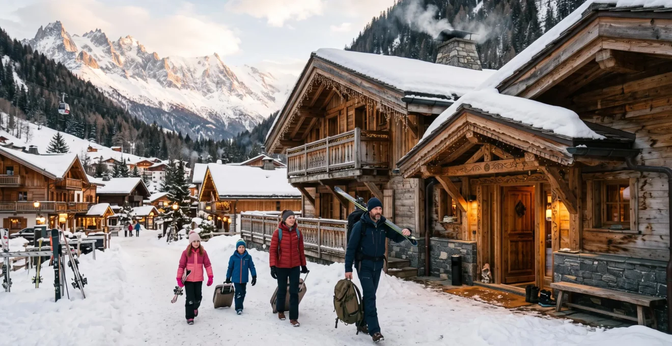 Une famille arrive avec ses bagages devant un chalet en bois enneigé.
