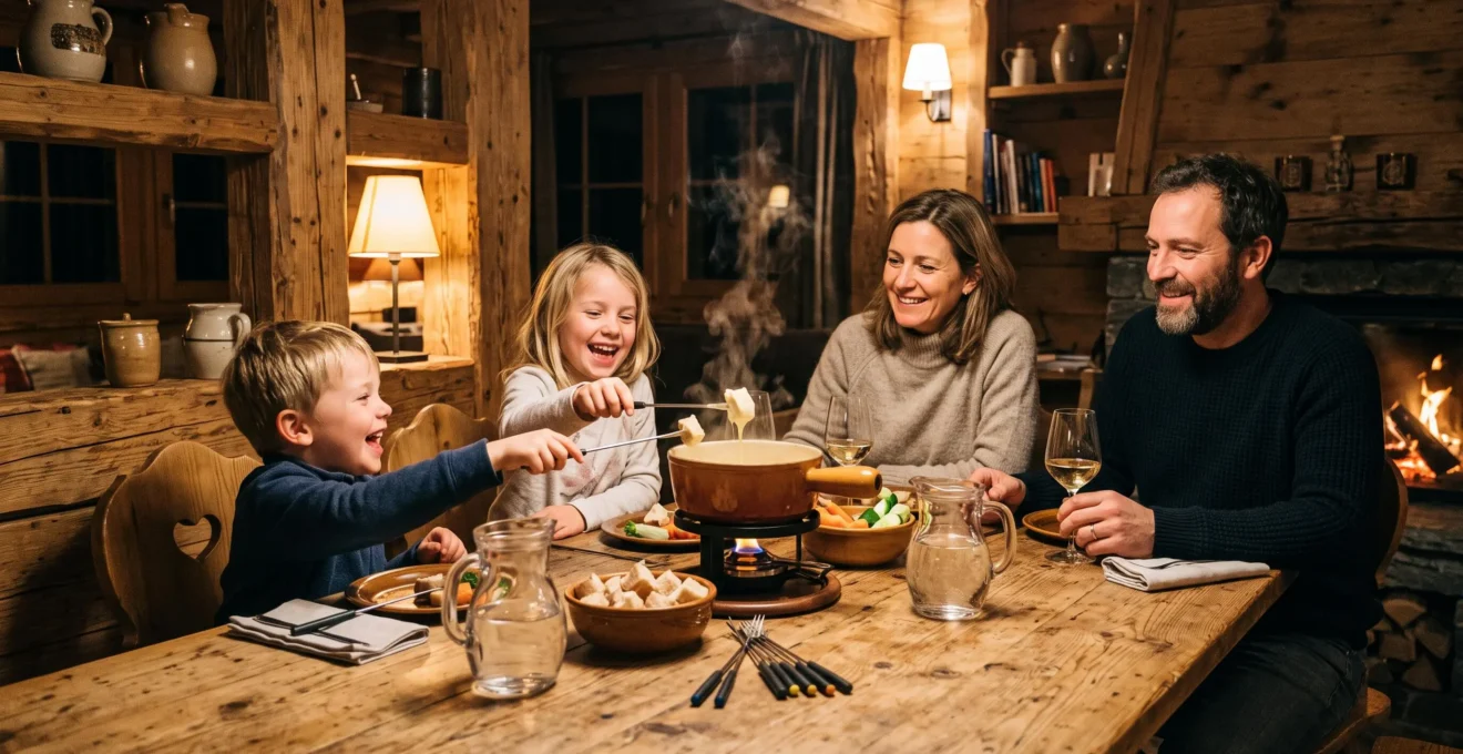 Une famille dîne ensemble autour d'une table en bois dans un chalet.