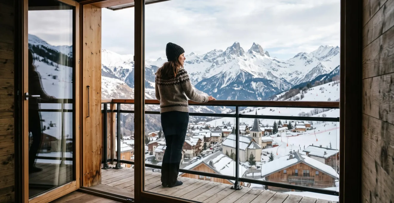 Une femme observe depuis un balcon la vue sur le village et les sommets enneigés.